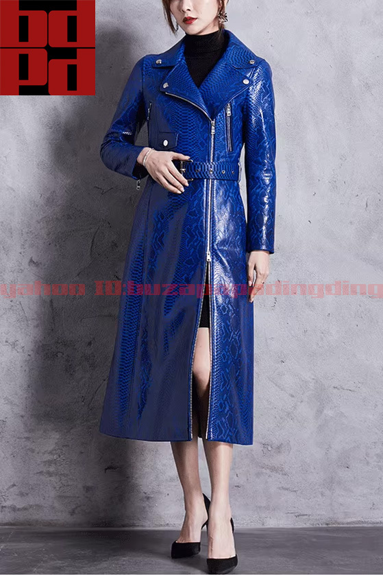 輸入ピザードプリント ラムレザー アシンメトリー ジップ トレンチコート レディース 秋冬 レザーコート おしゃれ かっこいい 個性的 Z19拍卖