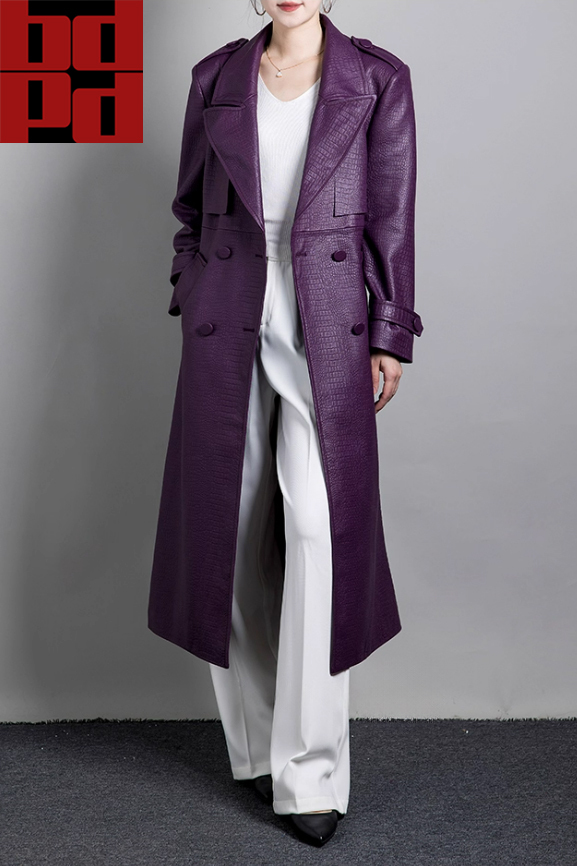 ラムレザー ワニ革調 トレンチコート レディース ロング レザーコート 秋冬 おしゃれ 大人可愛い 上品 エレガント パープル カジュアル Y83拍卖