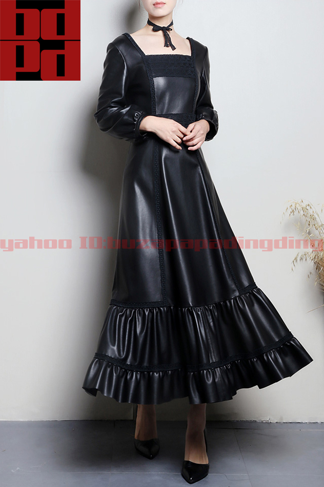 ラムレザー レース フリル フレアスカート スクエアネック ロングワンピース レディース レザードレス おしゃれ きれい レトロ 宮廷風 Z43拍卖