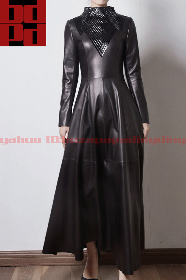 ラムレザー スタンドカラー フレアスカート ロングワンピース レディース 秋冬 レザードレス おしゃれ 大人可愛い パーティー 華やか Z12拍卖