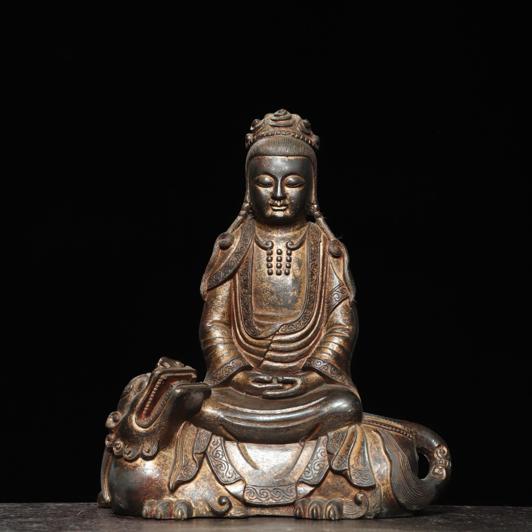 館蔵 古銅彫 泥金 騎獣観音 仏像 宗教 古董品 時代物 賞物 貴重 稀少珍品 中国古美術 古美味 蔵出拍卖