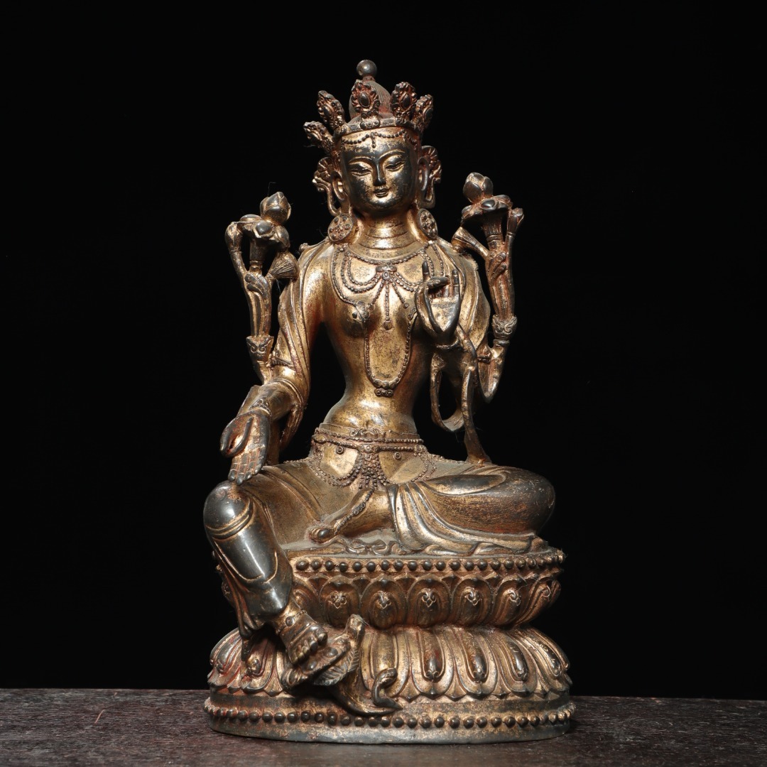館蔵 古銅彫 拓金 緑度母 仏像 時代物 古置品 賞物 貴重 稀少珍品 中国古美術 古美味 蔵出拍卖