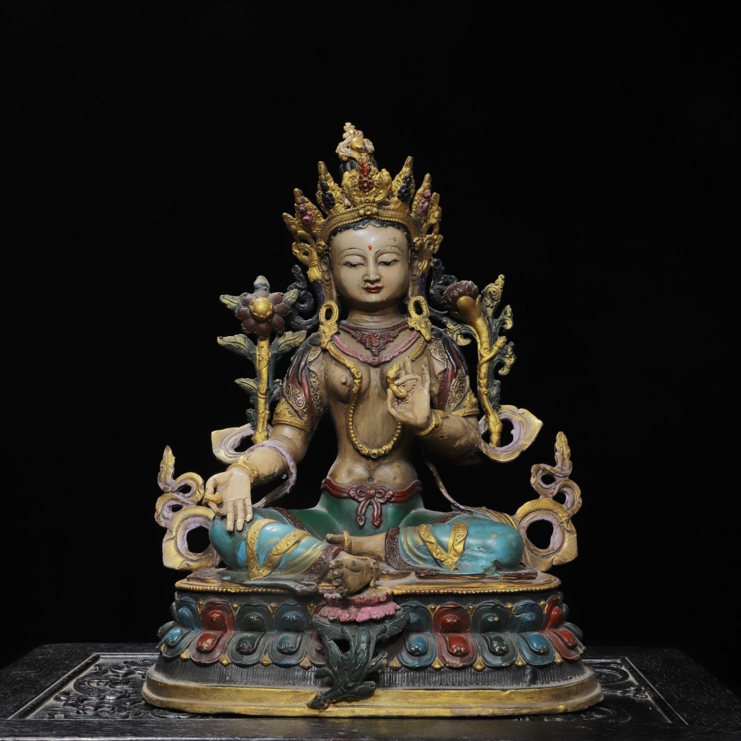 館蔵 古銅彫 彩繪 緑度母 仏像 仏教 宗教 古董品 時代物 賞物 貴重 稀少珍品 中国古美術 古美味 蔵出拍卖