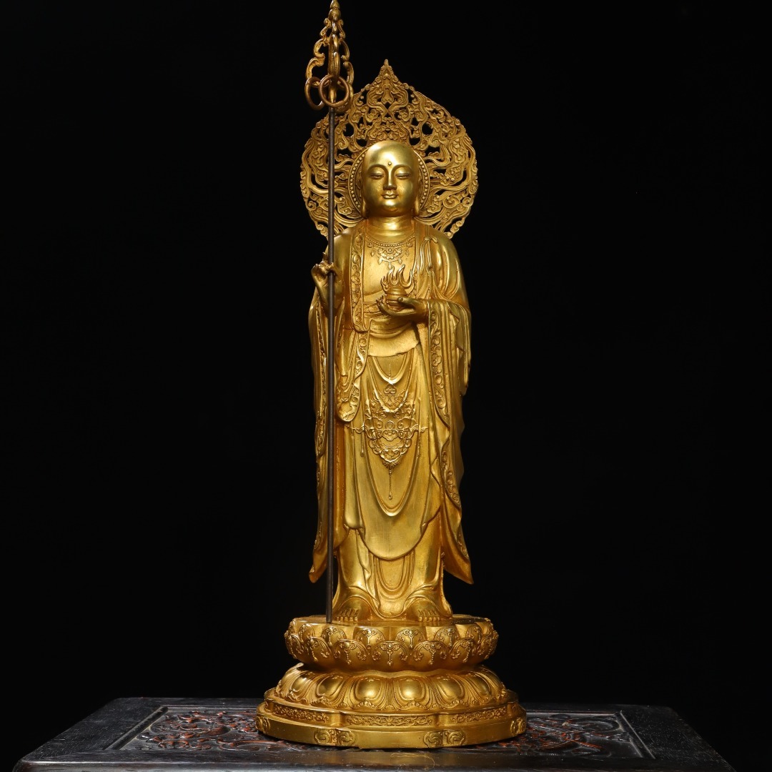 館蔵 古銅彫 塗金 地藏王 仏像 宗教 古董品 時代物 賞物 貴重 稀少珍品 中国古美術 古美味 蔵出拍卖