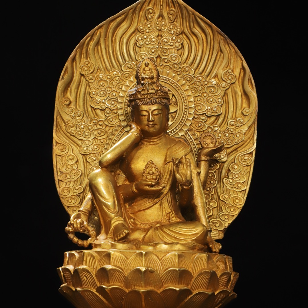 館蔵 古銅彫 塗金 六臂観音 仏像 古董品 時代物 賞物 貴重 稀少珍品 中国古美術 古美味 蔵出拍卖