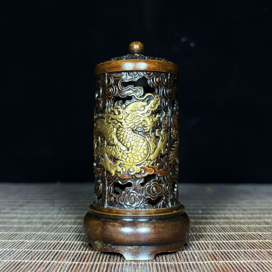 館蔵 古銅彫 塗金 龍鳳呈祥 香炉 香筒 古董品 時代物 賞物 貴重 稀少珍品 中国古美術 古美味 蔵出拍卖