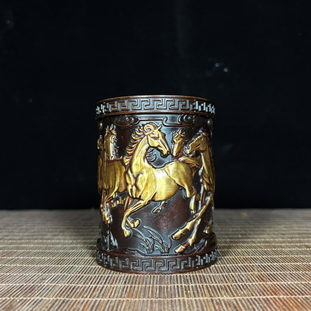 館蔵 古銅彫 塗金 八駿圖 筆筒 古董品 時代物 賞物 貴重 稀少珍品 中国古美術 古美味 蔵出拍卖