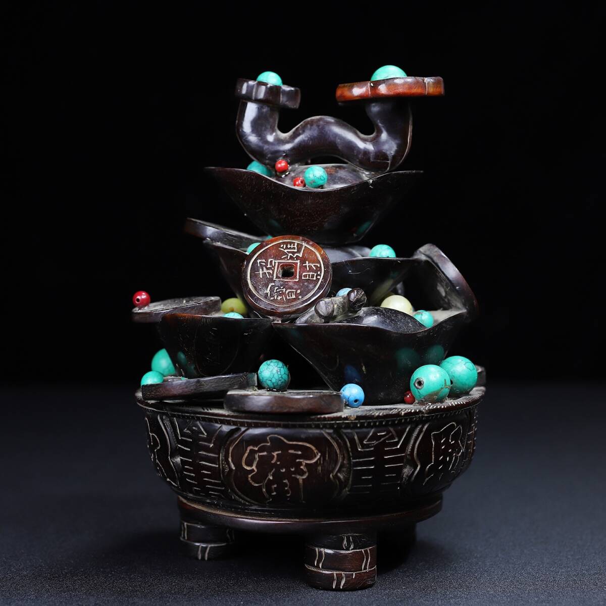 館蔵 古牛角彫 多寶 元寶 如意 聚寶盆 古董品 時代物 賞物 貴重 稀少珍品 中国古美術 古美味 蔵出拍卖