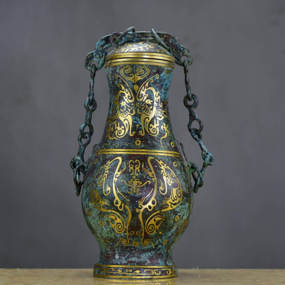 館蔵 戰漢 青銅器 錯金 鏈子瓶 古董品 時代物 賞物 貴重 稀少珍品 中国古美術 古美味 蔵出拍卖