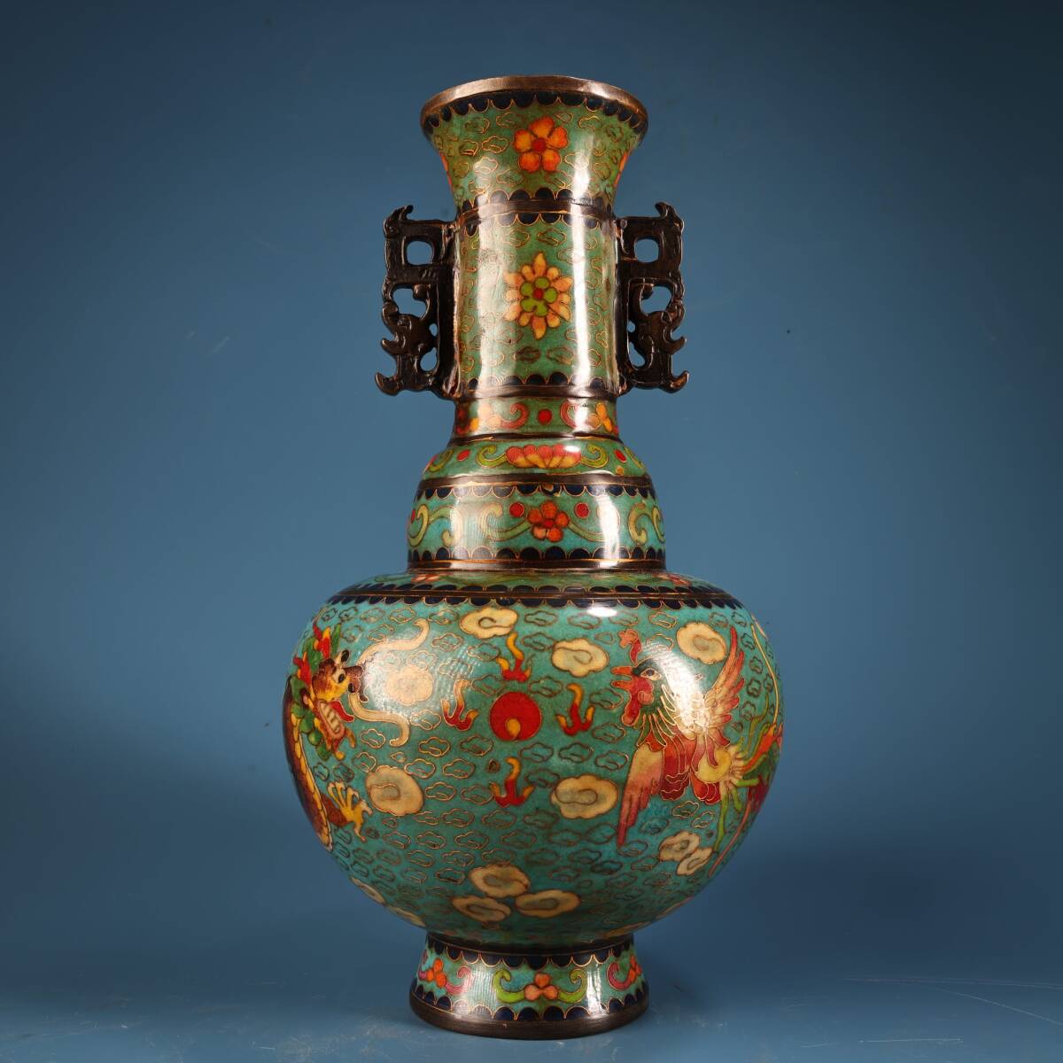 館蔵 古銅彫 琺瑯彩 景泰藍 龍鳳呈祥 花瓶 古董品 時代物 賞物 貴重 稀少珍品 中国古美術 古美味 蔵出拍卖