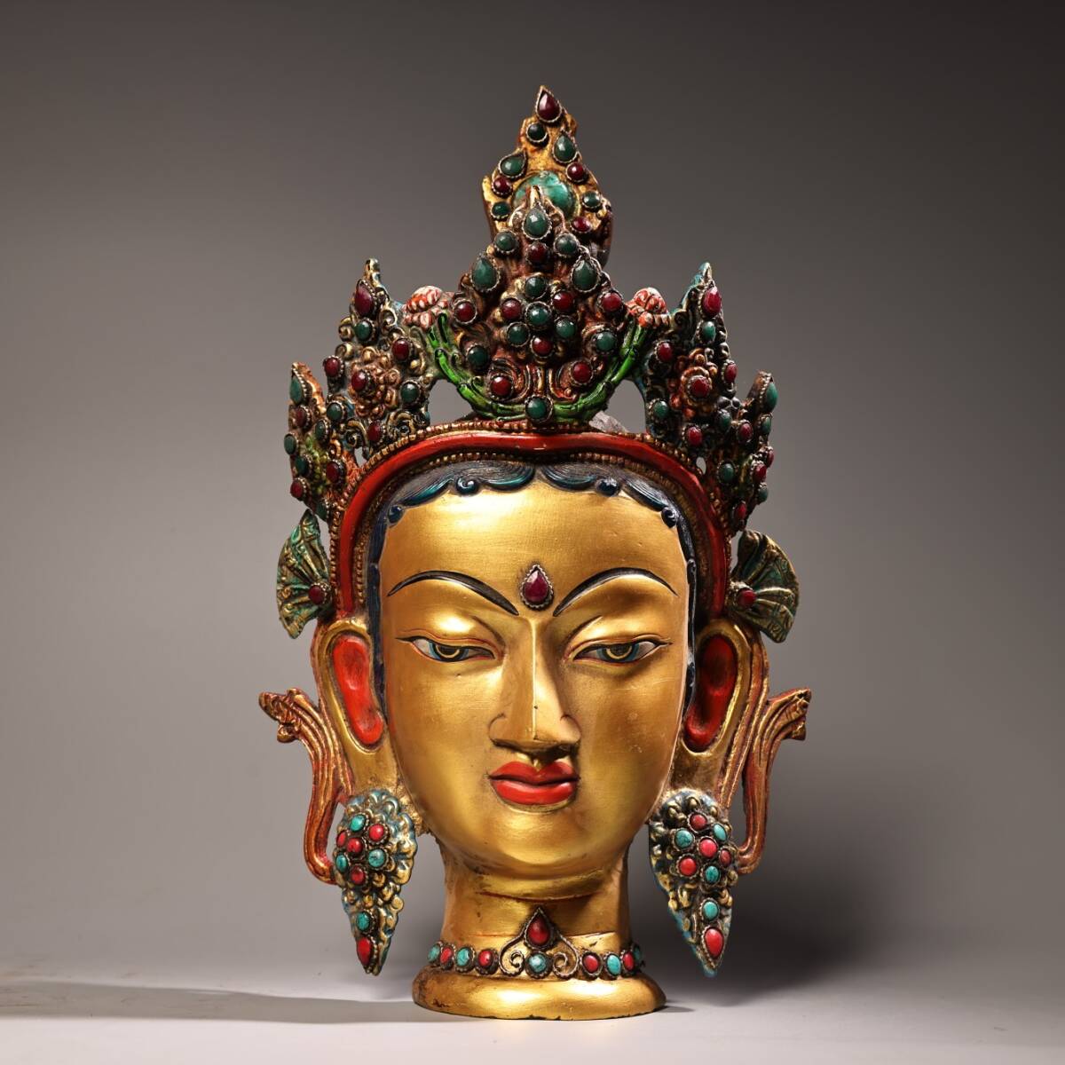 館蔵 古銅彫 寶石嵌 彩繪 描金 度母仏 頭像 面具 擺件 古董品 時代物 賞物 貴重 稀少珍品 中国古美術 古美味 蔵出拍卖