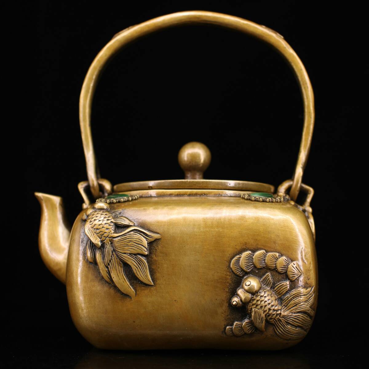 館蔵 古銅彫 寶石嵌 金魚 茶壺 古董品 時代物 賞物 貴重 稀少珍品 中国古美術 古美味 蔵出拍卖