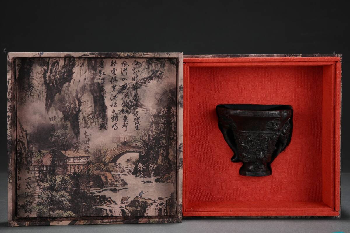 館蔵 牛角彫 爵杯 古董品 時代物 賞物 貴重 稀少珍品 中国古美術 古美味 蔵出拍卖