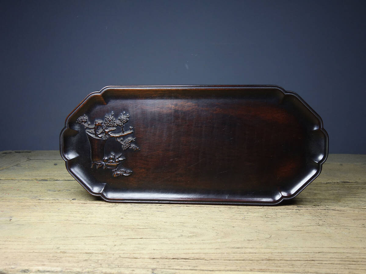 館蔵 花梨木彫 福寿如意 茶盤 擺件 古董品 時代物 賞物 貴重 稀少珍品 中国古美術 古美味 蔵出拍卖