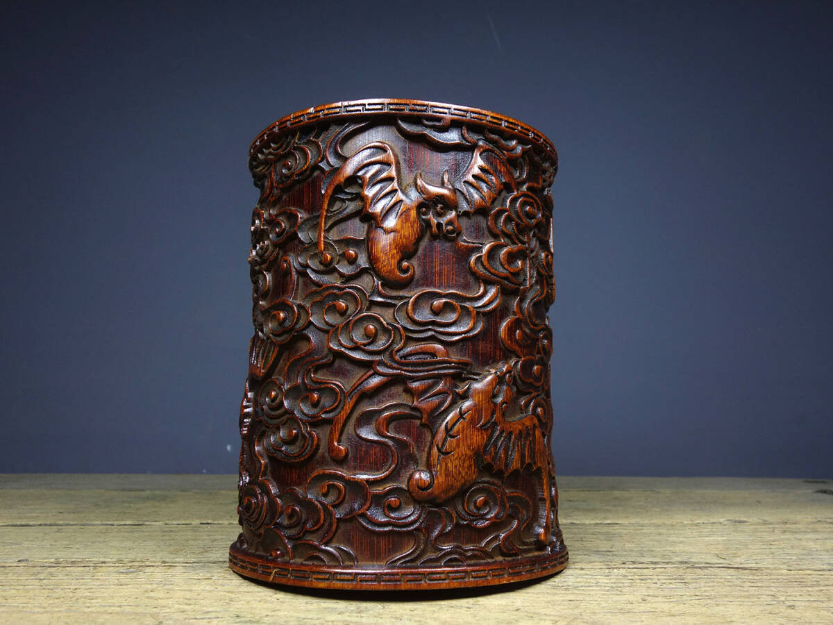 館蔵 竹彫 五福臨門 筆筒 古董品 時代物 賞物 貴重 稀少珍品 中国古美術 古美味 蔵出拍卖