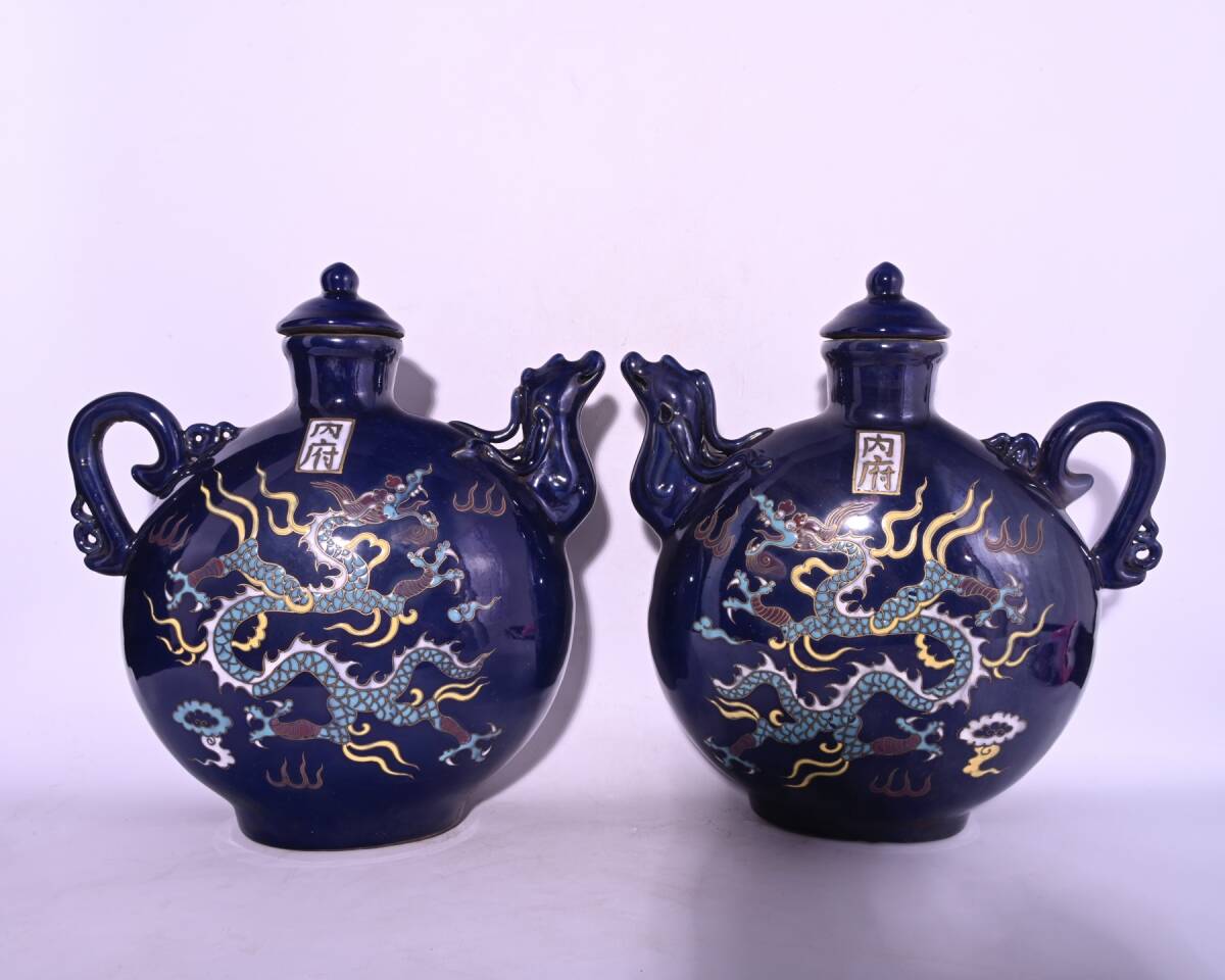 館蔵 元代 藍釉 五彩 龍鳳紋 壺 古陶瓷品 陶藝 古董品 時代物 賞物 貴重 稀少珍品 中国古美術 古美味 蔵出拍卖
