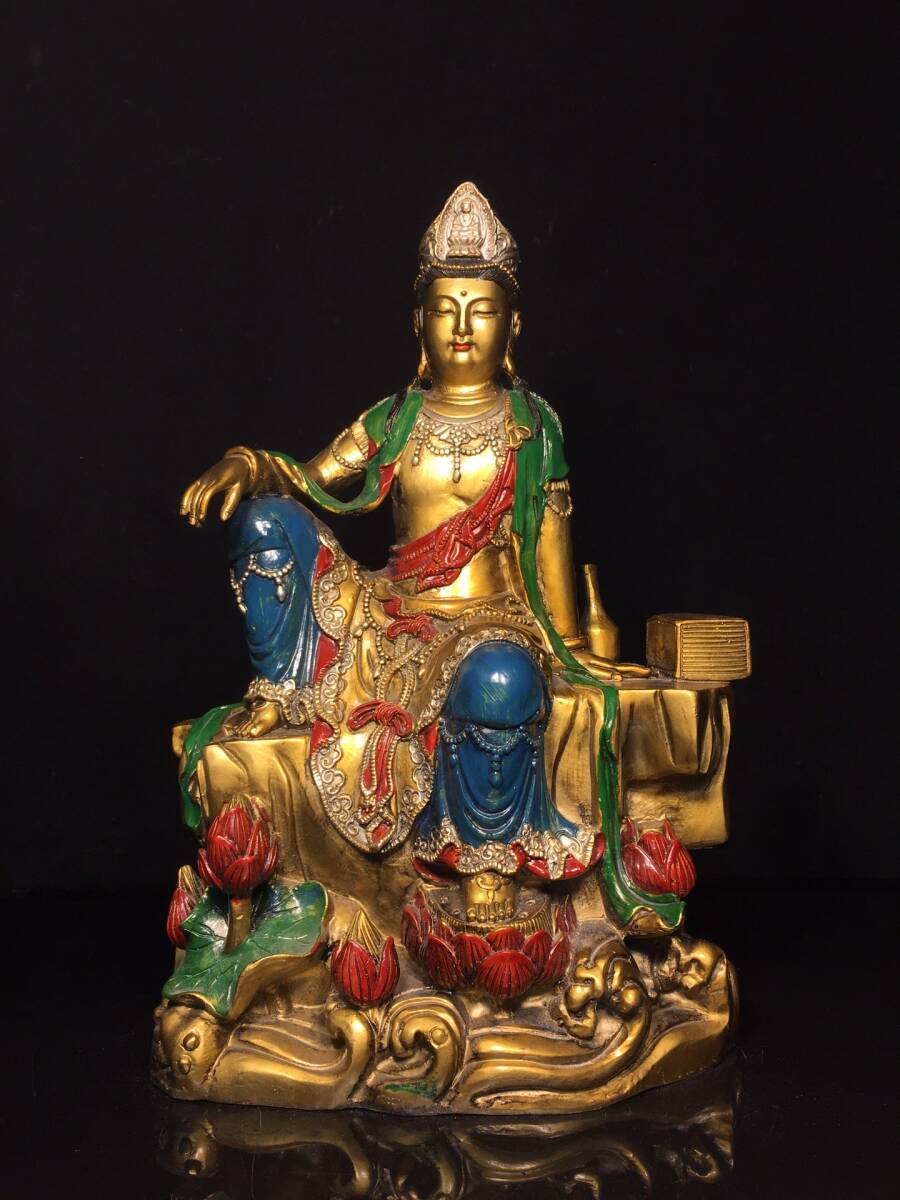 館蔵 古銅彫 彩繪 自在觀音 菩薩 古董品 時代物 賞物 貴重 稀少珍品 中国古美術 古美味 蔵出拍卖
