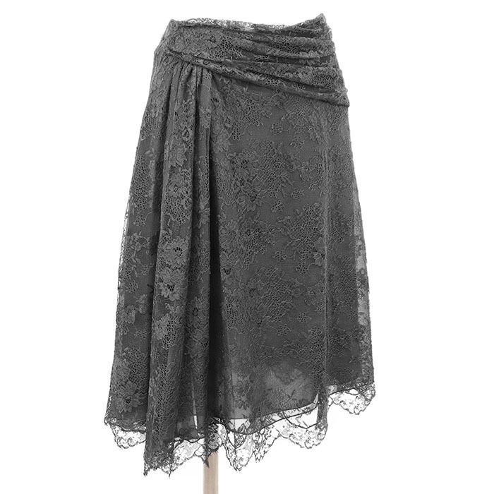 SALE【極美品】VALENTINO ヴァレンティノ スカート フルレース ドレープウエスト シルク100% 花柄 フレア ひざ丈 レディース 6 灰色 伊製拍卖