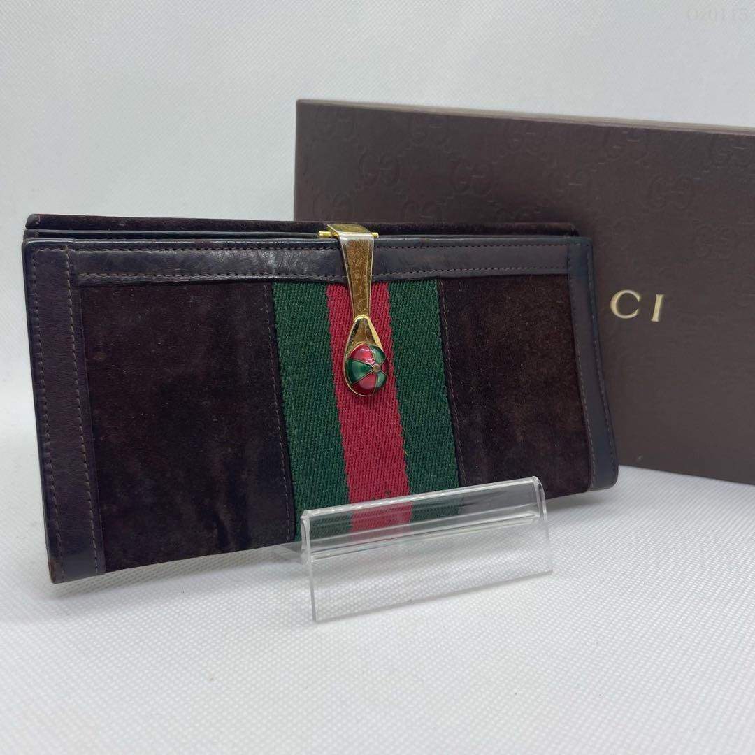 【美品】OLD GUCCI オールドグッチ シェリーライン 長財布 二つ折り財布 小銭入れ付 レザー 本革 スエード ダークブラウン 濃茶拍卖