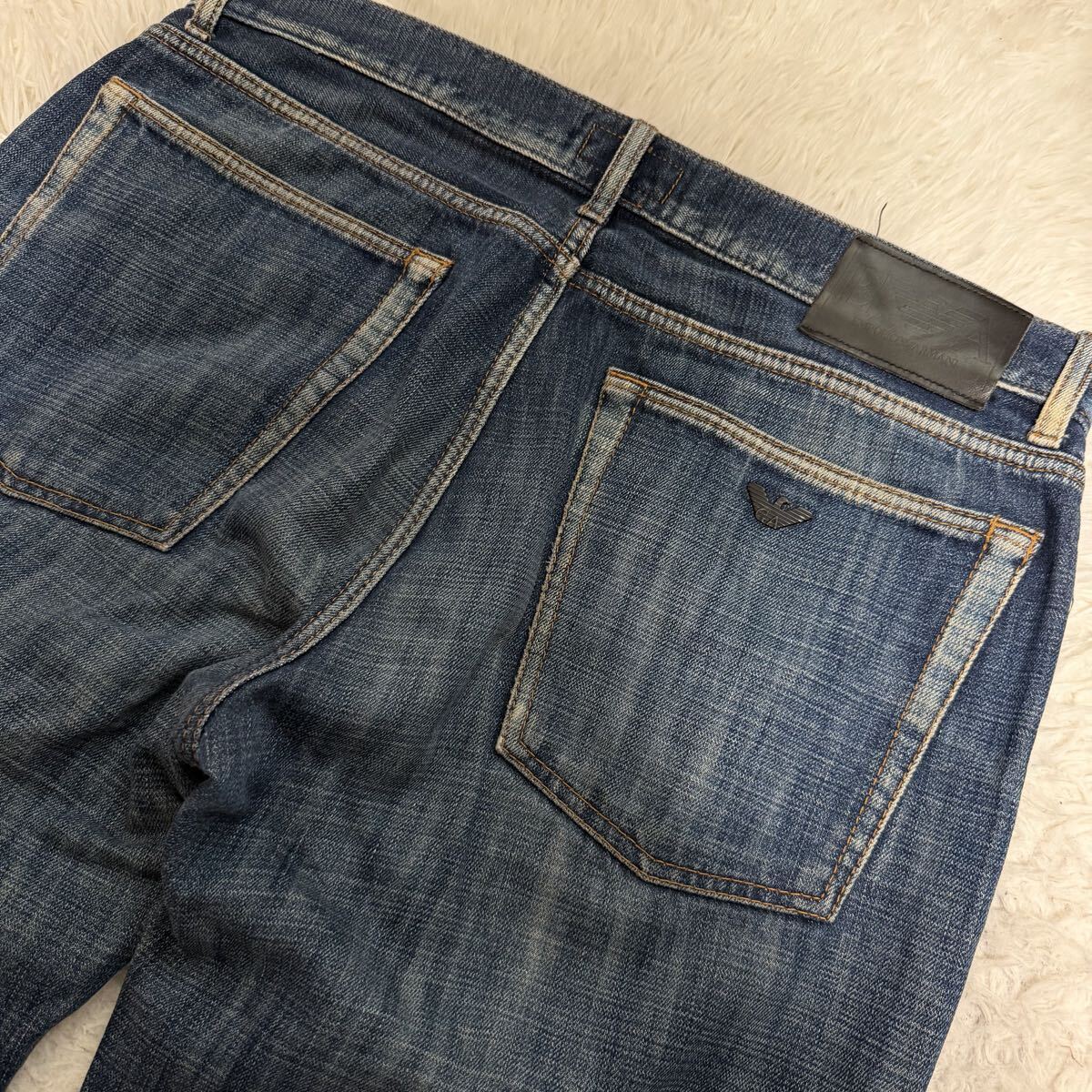 美品XLサイズ相当 EMPORIO ARMANI エンポリオアルマーニ ジーンズ デニムパンツ gパン 34インチ ワイドパンツ イーグルロゴ レザーパッチ拍卖