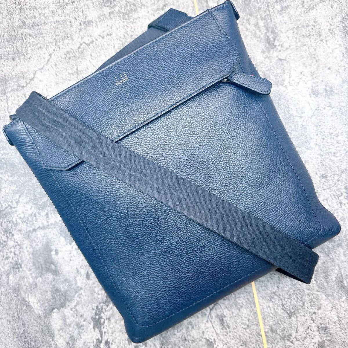 ■近年 美品■dunhill ダンヒル ベルグレイブ ショルダーバッグ 斜め掛け サコッシュ メンズ ビジネス レザー 本革 シボ ロゴ ネイビー拍卖