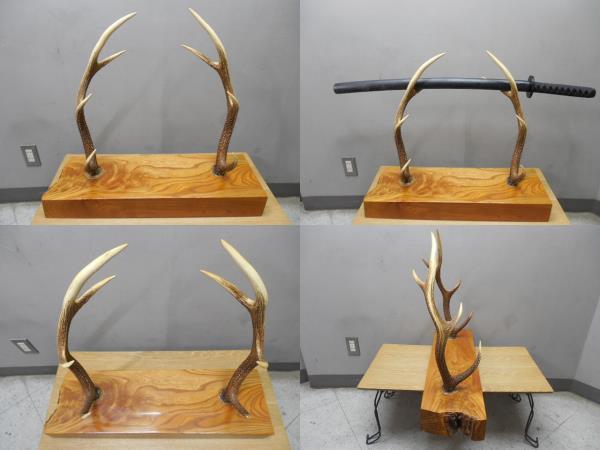 鹿角・刀置き・欅けやき無垢材・台座 / サイズ 全長68.5×D32×H60㎝ 拍卖