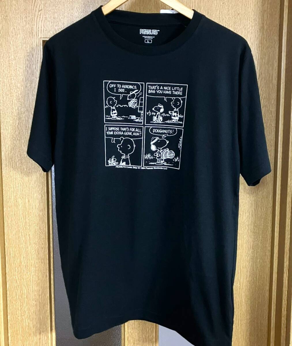 新品 タグ付き スヌーピー ピーナッツ コミック風 Tシャツ メンズLサイズ 黒色 綿60% ポリエステル40%拍卖