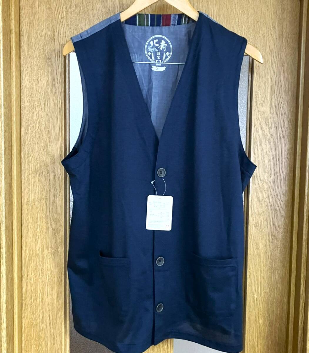 新品 タグ付き 北斎 葛飾北斎 ベスト ネイビー メンズLL拍卖