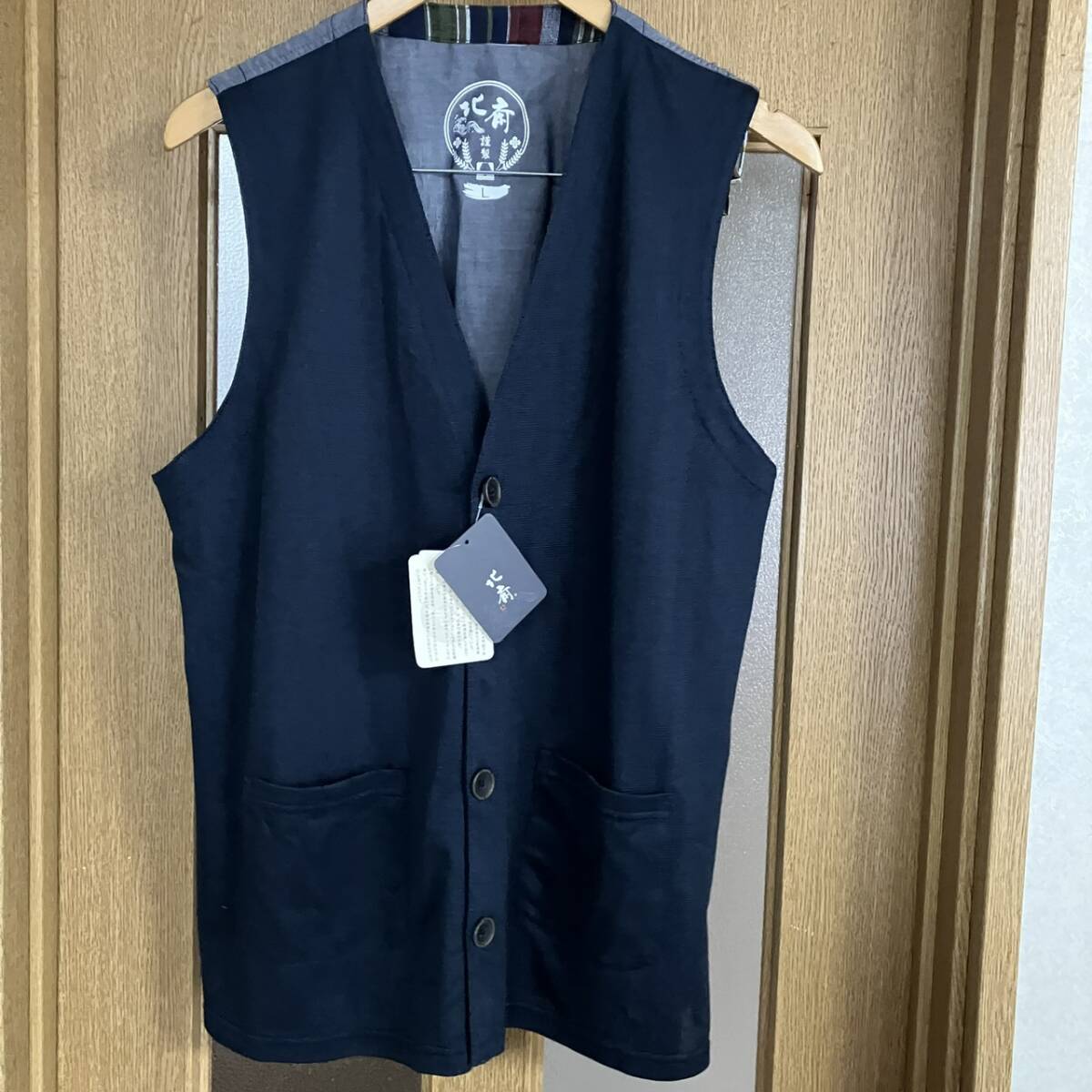 新品 タグ付き 北斎 葛飾北斎 ベスト ネイビー メンズL拍卖