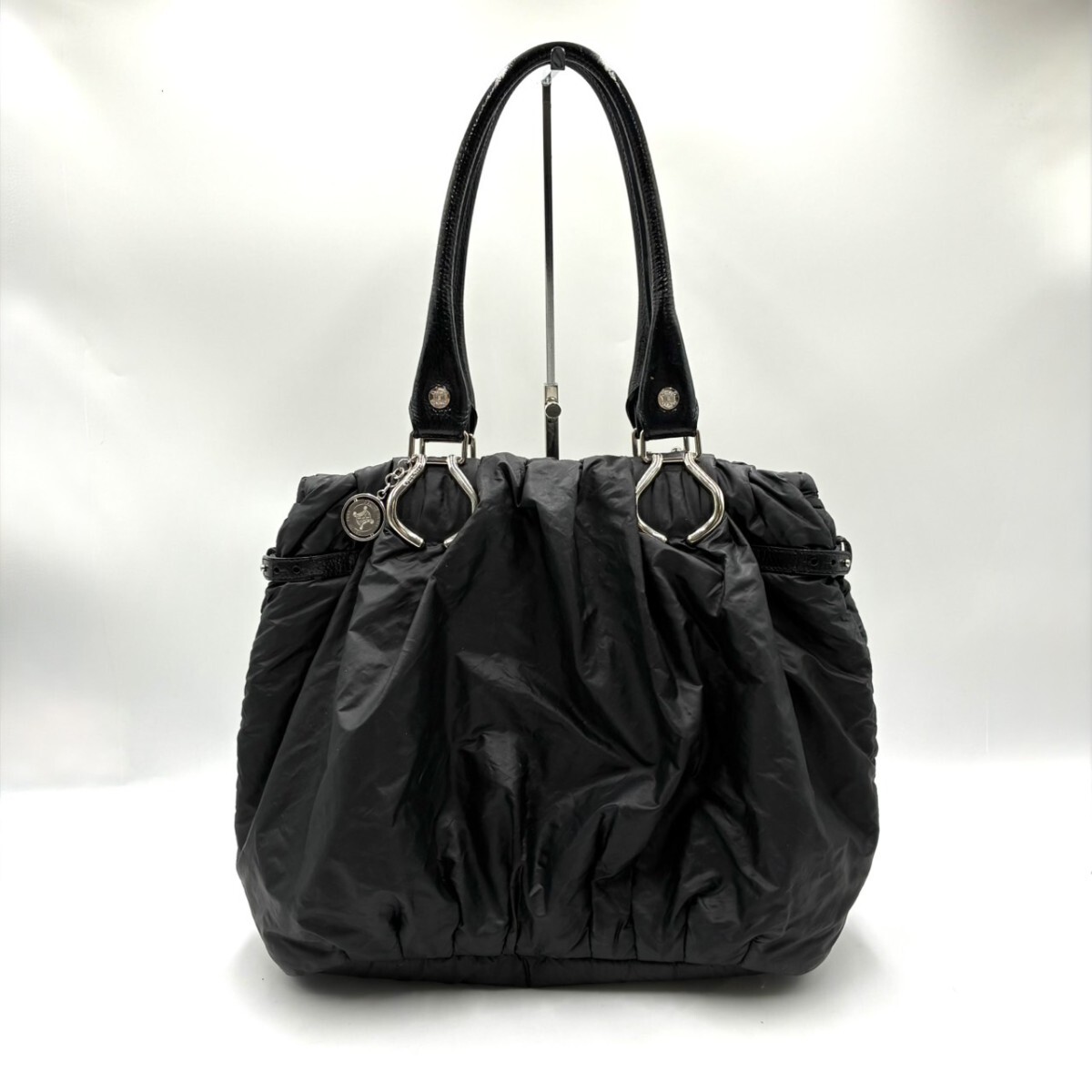 1円スタート CELINE セリーヌ ピロー トートバッグ トリオンフ 金具 ナイロン エナメル 黒 UI1001-6拍卖