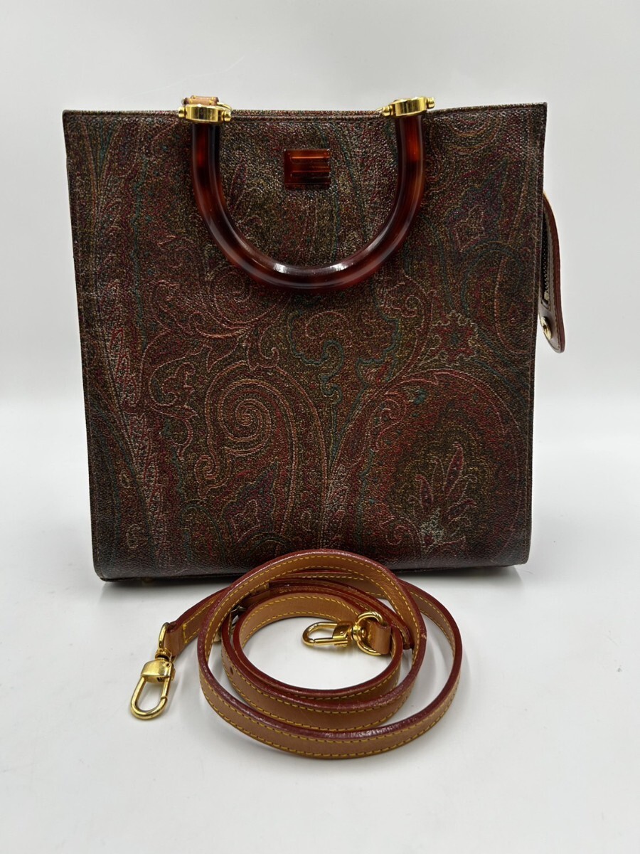 1円スタート エトロ ETRO ペイズリー柄 トートバッグ ハンドバッグ 2WAY ブラウン 茶色 ショルダー レザー ストラップ付き AF1003-16拍卖