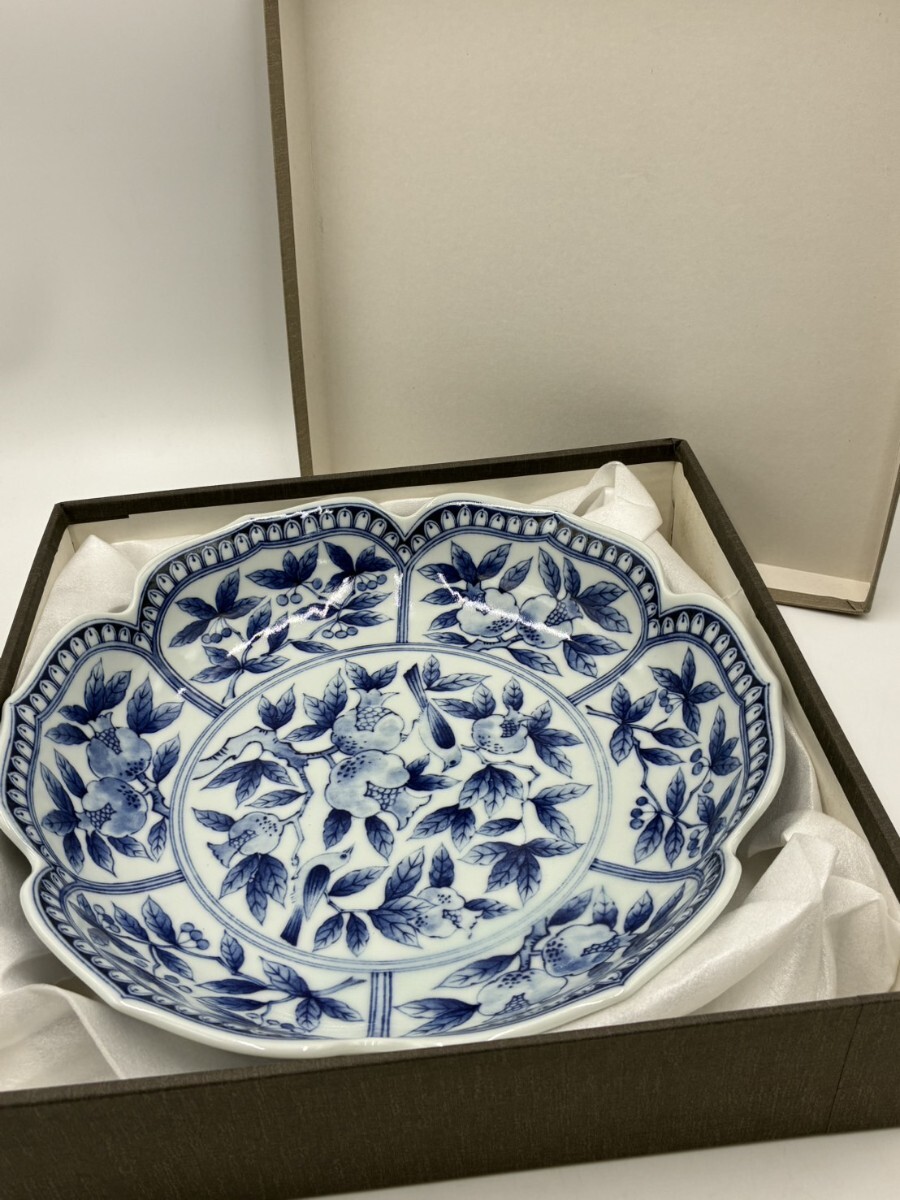 1円スタート 有田焼 青花果実文大皿 セラミック藍 美品 箱付き S1024-1拍卖