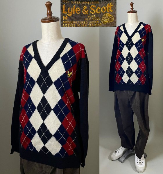 ★【人気のアーガイル柄です ニュージーランド製】名作 Lyle & Scott ライル&スコット ウール100% Vネット ニット セーター M ブラック拍卖