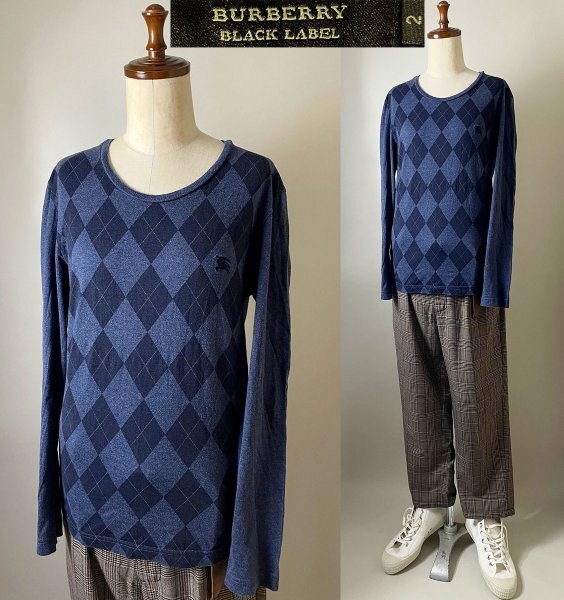 【国内正規品 】BURBERRY BLACK LABEL バーバリー ブラックレーベル コットン100% ホースマーク ロゴ 刺繍 アーガイル柄 ロンT Tシャツ 2拍卖