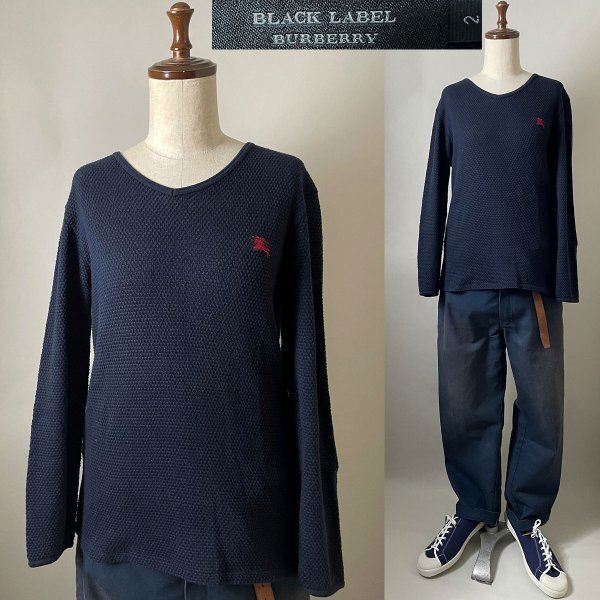 ★【国内正規品】バーバリー ブラック レーベル ホースマーク刺繍 コットン100% 長袖 Vネック サーマル ロングスリーブ Tシャツ サイズ2拍卖