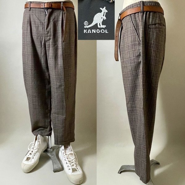 ★【レア 00s 中々見つからない逸品です】名作 ビンテージ KANGOL カンゴール ひも付き チェック柄 テーパード リラックス パンツ L拍卖