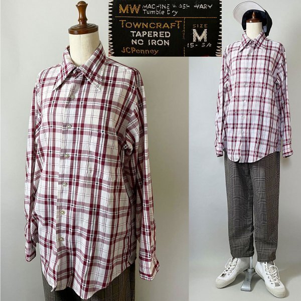 ★【希少 70年代 70s】ビンテージ TOWNCRAFT JCPenney タウンクラフト JCペニー チェック柄 長袖 やや薄手 長袖 シャツ M ボルドー系拍卖