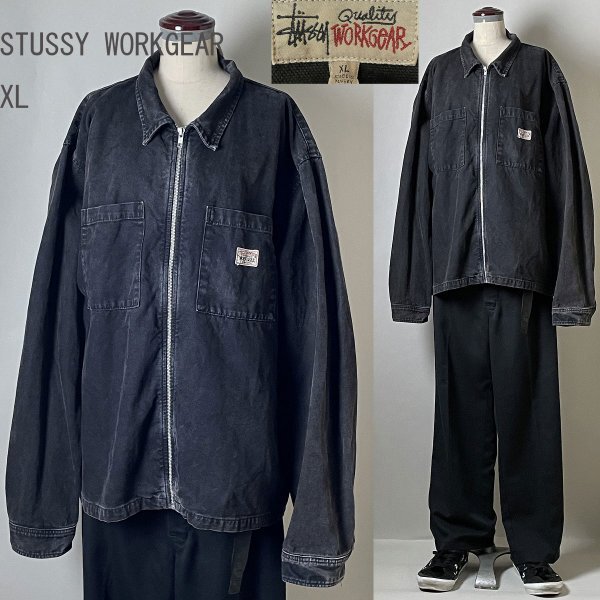★【並品 定価48,400円】STUSSY WORKGEAR ステューシー ワークギア WASHED CANVAS ZIP SHIRT ウォッシュド キャンバス ジップ シャツ XL 黒拍卖