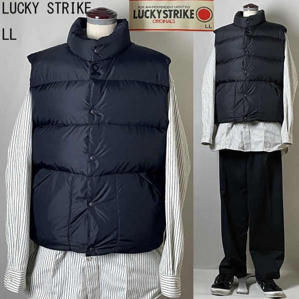 ★【並品 国内正規品】LUCKEY STRIKE ラッキーストライク 羽毛 メンズ ナイロン ダウン ベスト LL(XL)ブラック シンプル ピスネームタグ拍卖