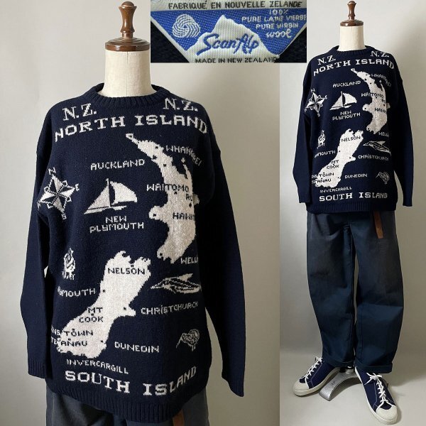 ★【デザイン◎ ニュージーランド製 ピュア バージン ウール】ビンテージ scan alp メンズ ウール100% ざっくり クルーネック ニット S拍卖