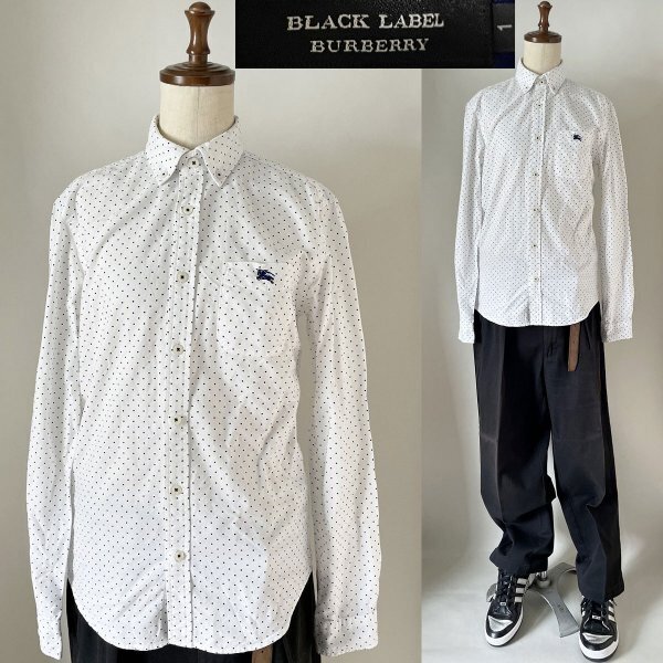 ★国内正規品 バーバリー ブラック レーベル ホースマーク 刺繍 コットン100% ドット柄 水玉 長袖 ロングスリーブ ボタンダウン シャツ 1拍卖