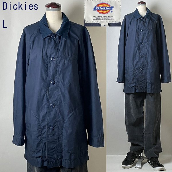 ★【並品 国内正規品】 Dickies ディッキーズ 141M10WD13 コットン100% 薄手 一枚仕立て コーデュロイ衿 長袖 ボタン コート L ネイビー拍卖