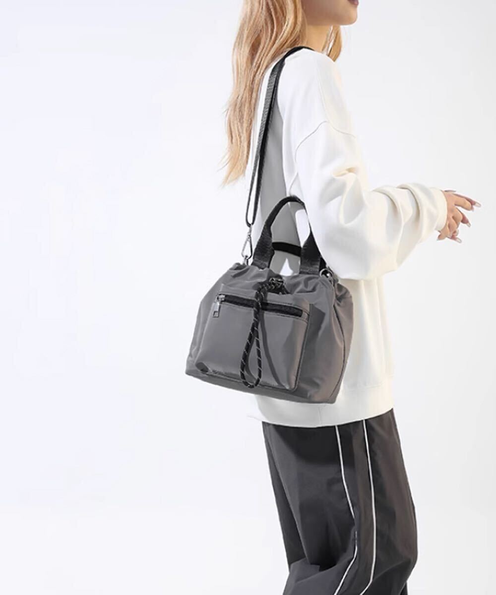 ショルダーバッグ 巾着トート 2way 肩掛け ナイロン ポシェット ハンドバッグ グレー拍卖