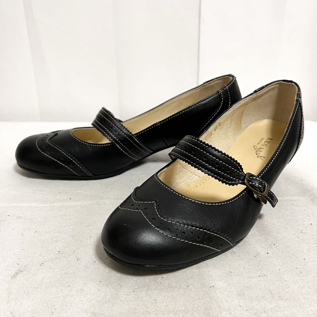 和864★ REGAL リーガル レザー パンプス ヒール ストラップ ウィングチップ 24 日本製 ブラック レディース拍卖