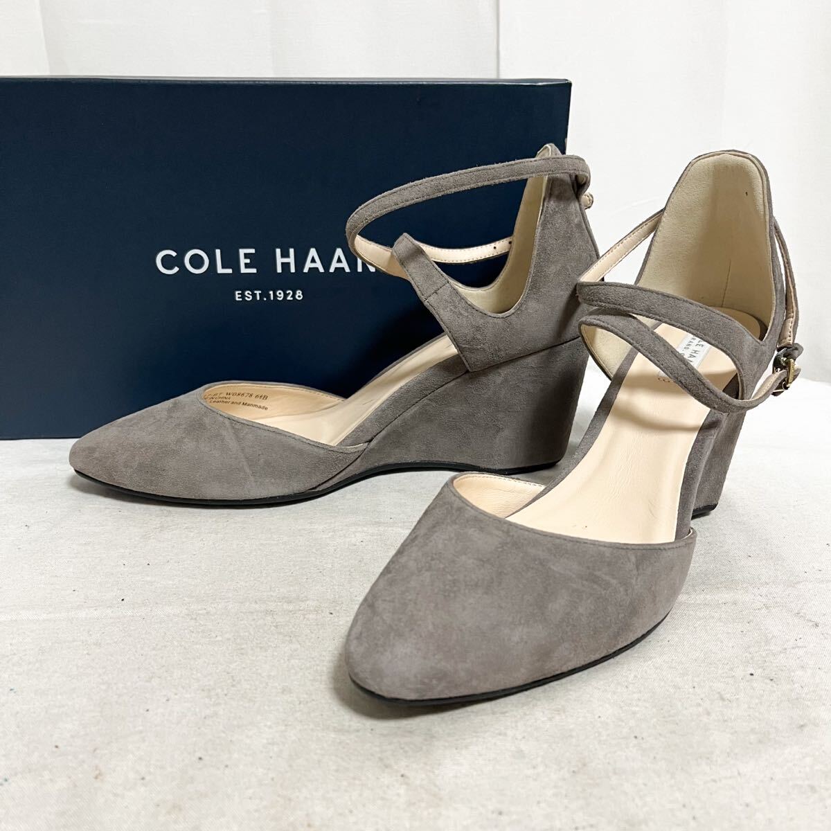 K31★ 美品 箱付き COLE HAAN GRAND.OS コールハーン パンプス サンダル ヒール ストラップ スエード 6.5 グレー レディース拍卖