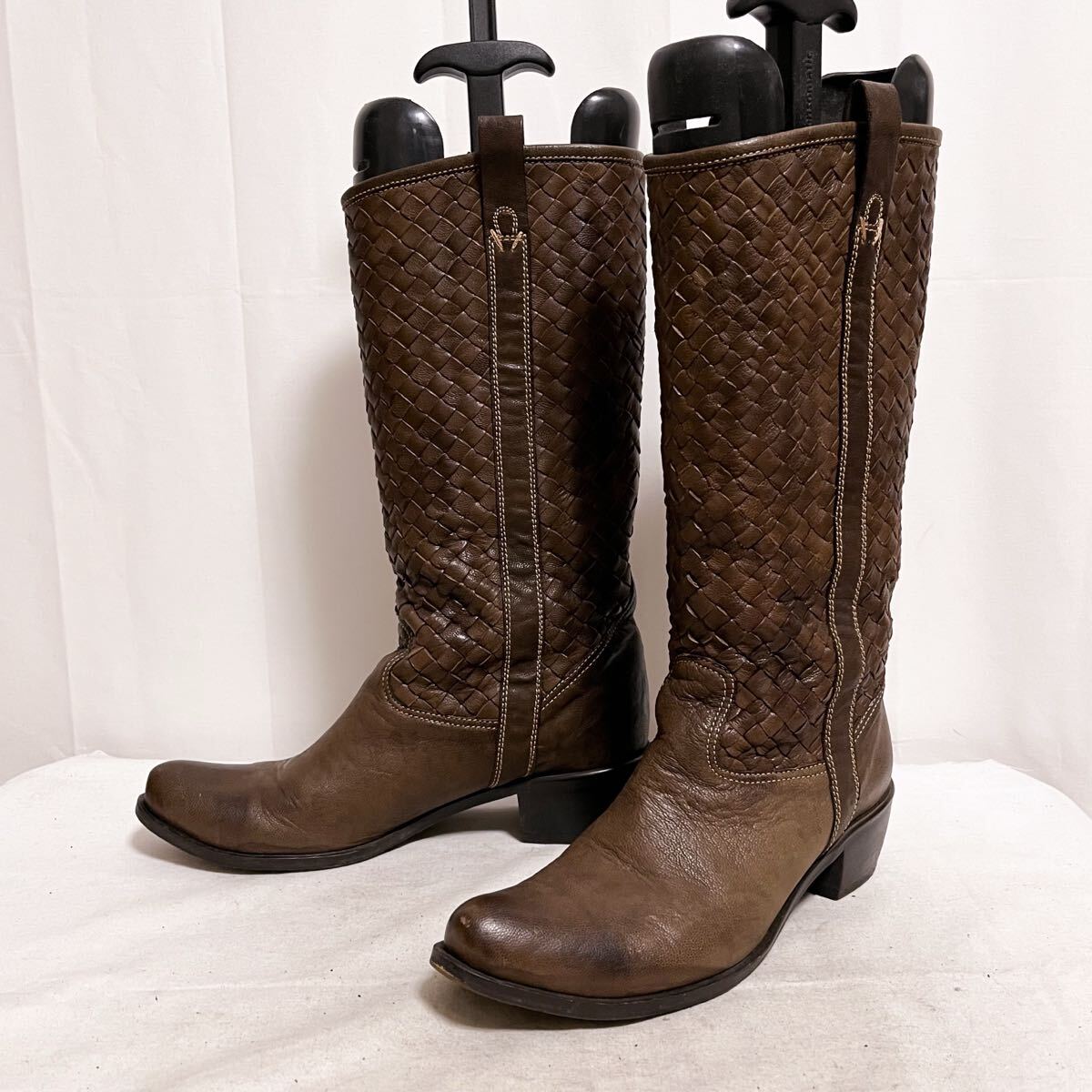 和865★ rabokigoshi works ラボキゴシ レザーブーツ ロングブーツ 編み込み 日本製 23.5 ブラウン レディース拍卖