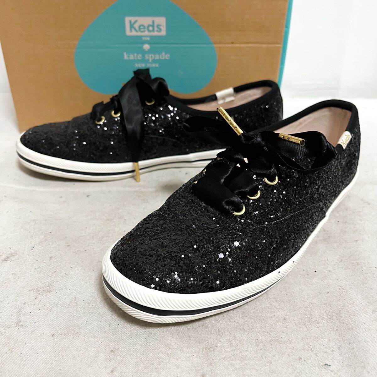 和866★ 箱付き Keds for kate spade ケッズ ケイトスペード グリッター ローカット スニーカー シューズ UK2.5 ブラック レディース拍卖