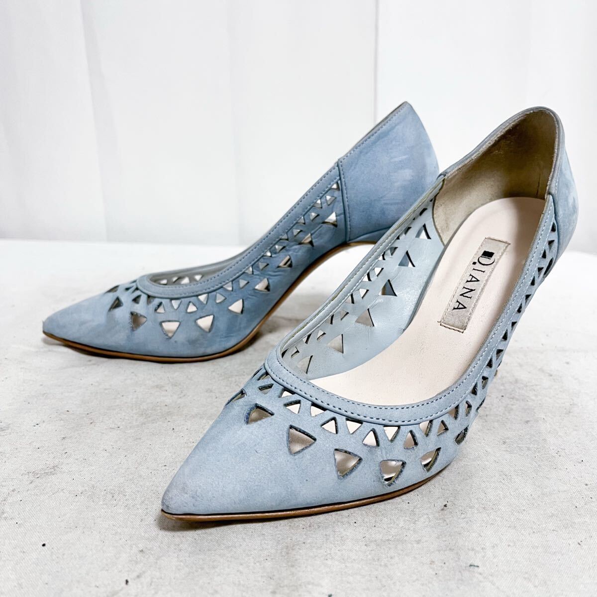 和866★ DIANA ダイアナ パンプス ヒール パンチング シューズ 日本製 21.5 ブルー レディース拍卖