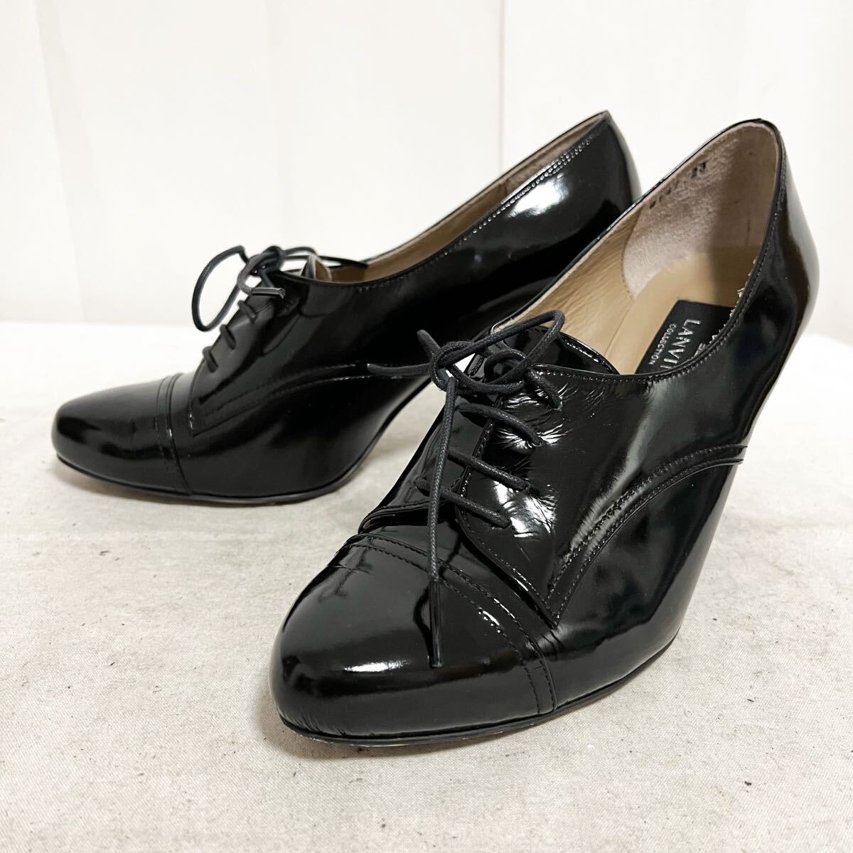 和868★① LANVIN COLLECTION ランバン コレクション パンプス ヒール エナメル レースアップ 23 ブラック レディース拍卖