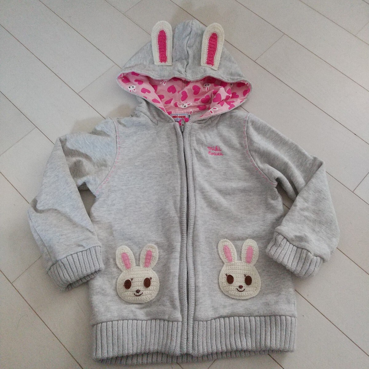 110 ミキハウス なりきり編みぐるみうさこ パーカー グレー フード付きトレーナー拍卖